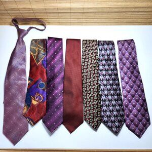 Lot of Seven Neckties Men's Purples and Reds Silk and Polyester Various Patterns